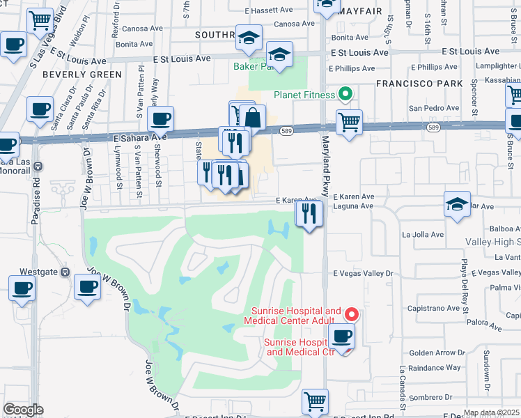map of restaurants, bars, coffee shops, grocery stores, and more near 1174 Vegas Valley Drive in Las Vegas