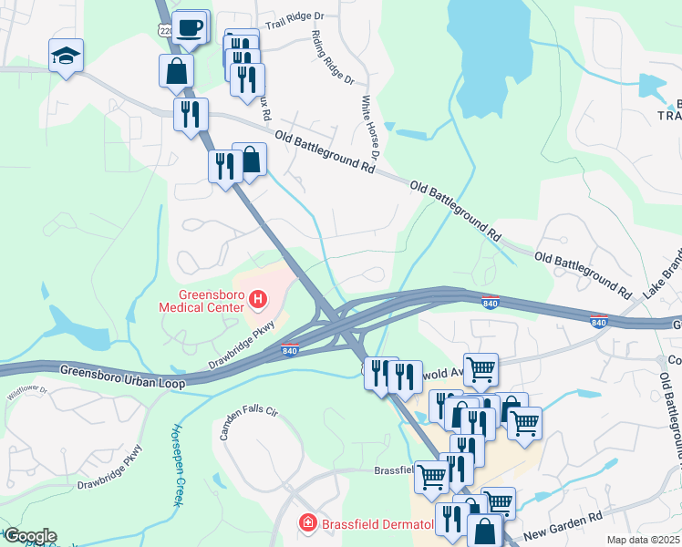 map of restaurants, bars, coffee shops, grocery stores, and more near 3844 Battleground Avenue in Greensboro