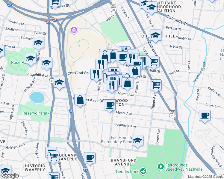 map of restaurants, bars, coffee shops, grocery stores, and more near 609 Merritt Avenue in Nashville
