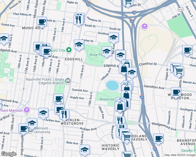 map of restaurants, bars, coffee shops, grocery stores, and more near 1486 Hillside Avenue in Nashville