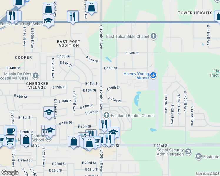 map of restaurants, bars, coffee shops, grocery stores, and more near 13042 East 16th Street in Tulsa