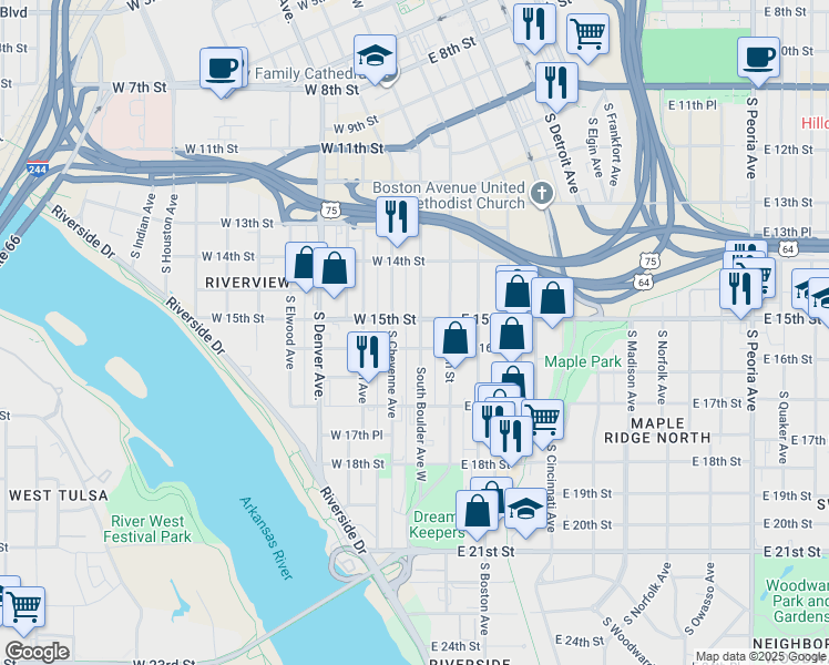 map of restaurants, bars, coffee shops, grocery stores, and more near 1516 South Boston Avenue in Tulsa