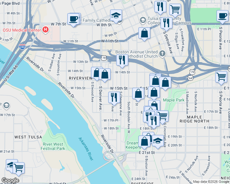 map of restaurants, bars, coffee shops, grocery stores, and more near 1606 South Carson Avenue in Tulsa