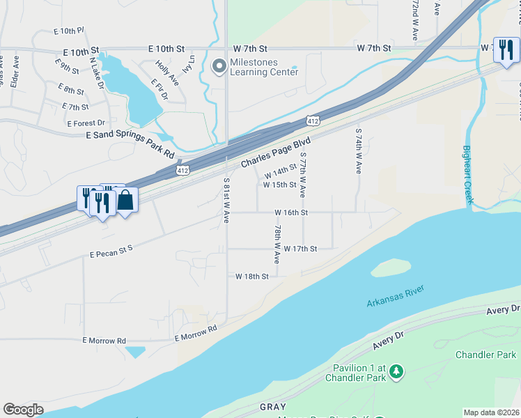 map of restaurants, bars, coffee shops, grocery stores, and more near 7810 West 16th Street in Tulsa