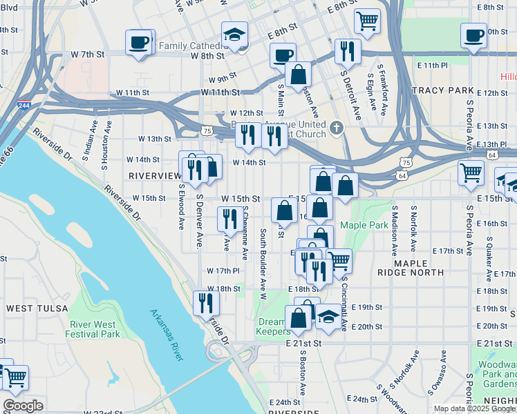 map of restaurants, bars, coffee shops, grocery stores, and more near 1502 South Boulder Avenue in Tulsa