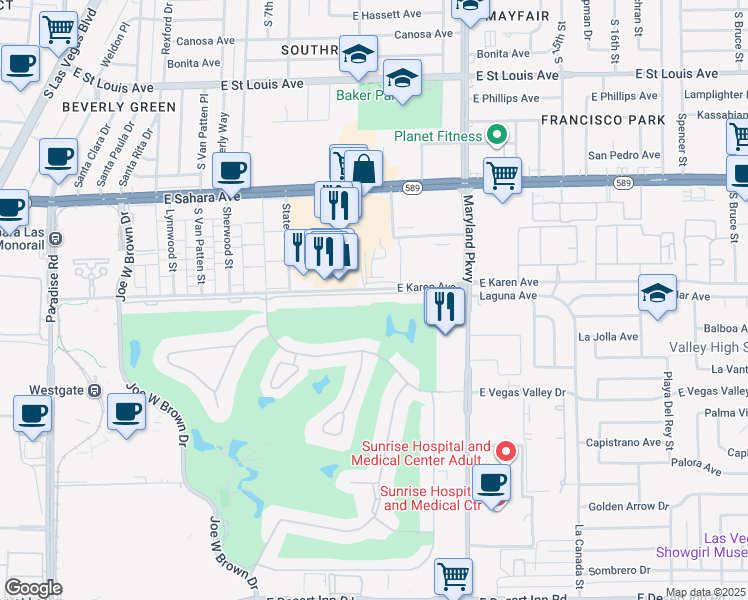 map of restaurants, bars, coffee shops, grocery stores, and more near 1174 Vegas Valley Drive in Las Vegas