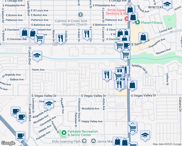 map of restaurants, bars, coffee shops, grocery stores, and more near 2724 Aarondavid Drive in Las Vegas