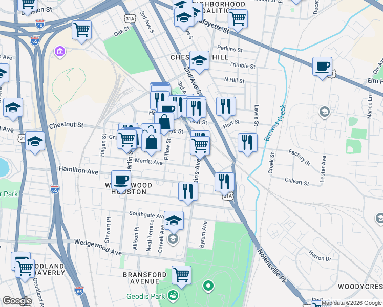 map of restaurants, bars, coffee shops, grocery stores, and more near 111 Rains Avenue in Nashville