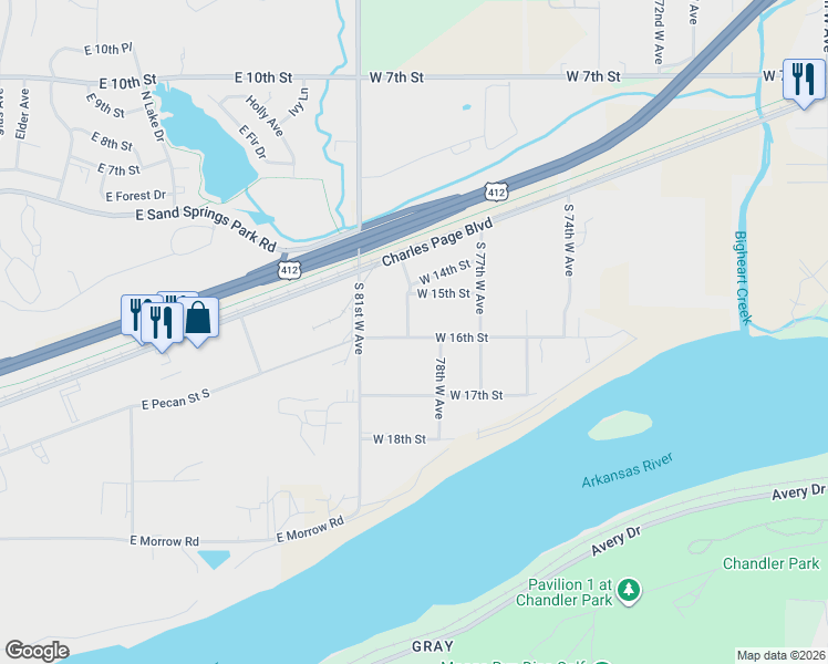 map of restaurants, bars, coffee shops, grocery stores, and more near 7810 West 16th Street in Tulsa