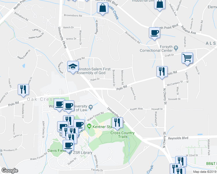 map of restaurants, bars, coffee shops, grocery stores, and more near 825 Polo Road in Winston-Salem