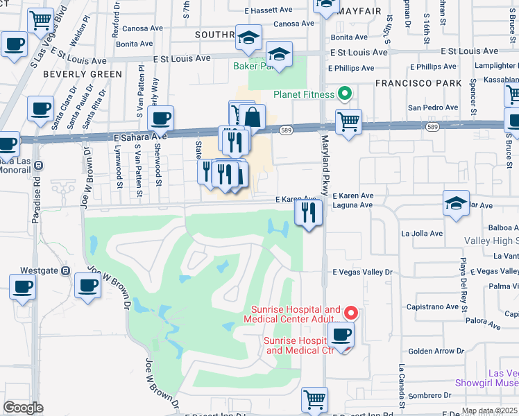 map of restaurants, bars, coffee shops, grocery stores, and more near 1038 Tam O Shanter in Las Vegas