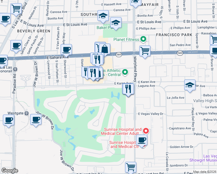 map of restaurants, bars, coffee shops, grocery stores, and more near 1038 Tam O Shanter in Las Vegas