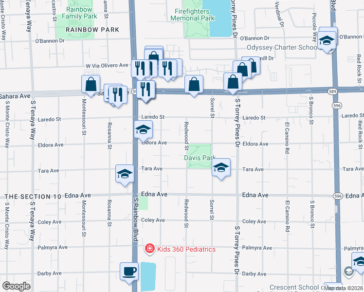map of restaurants, bars, coffee shops, grocery stores, and more near 2755 Redwood Street in Las Vegas