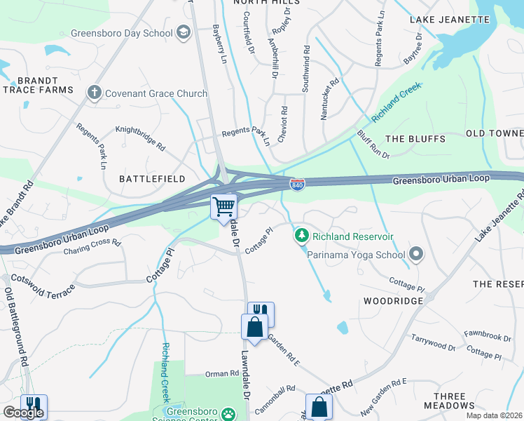 map of restaurants, bars, coffee shops, grocery stores, and more near 4614 Lawndale Drive in Greensboro