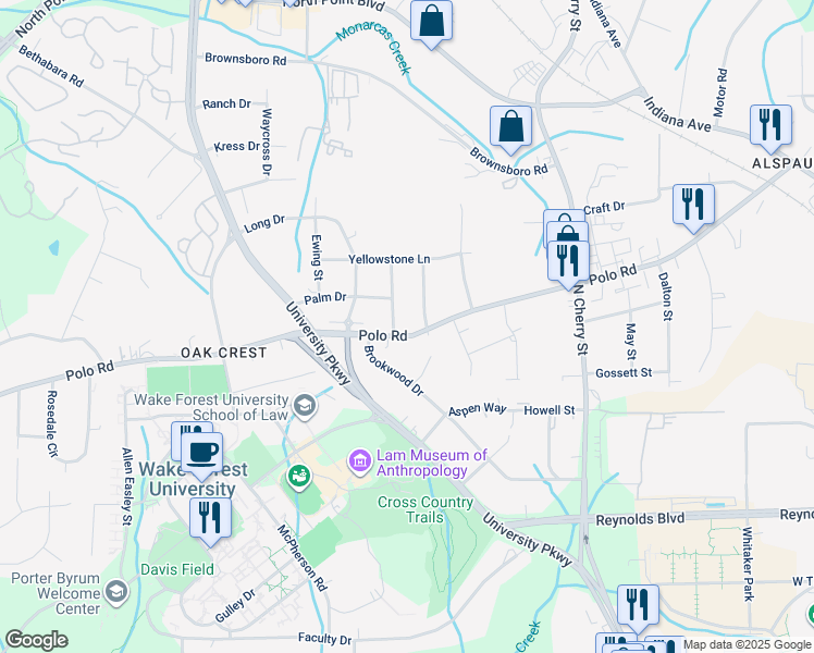 map of restaurants, bars, coffee shops, grocery stores, and more near 785 Polo Road in Winston-Salem