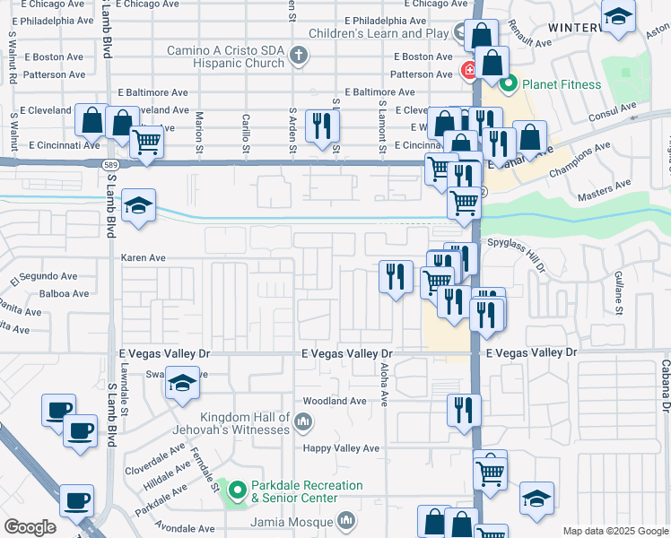 map of restaurants, bars, coffee shops, grocery stores, and more near 2724 Aarondavid Drive in Las Vegas