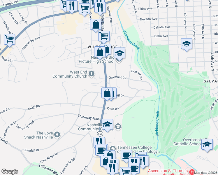 map of restaurants, bars, coffee shops, grocery stores, and more near 246 White Bridge Pike in Nashville