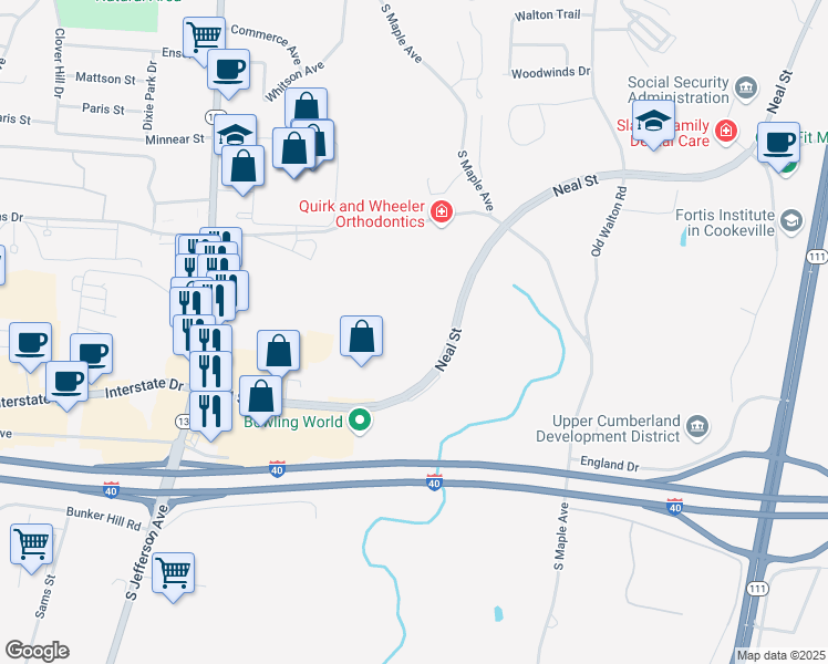 map of restaurants, bars, coffee shops, grocery stores, and more near 560 Neal Street in Cookeville
