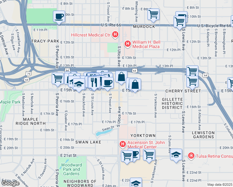 map of restaurants, bars, coffee shops, grocery stores, and more near 1595 South Utica Avenue in Tulsa