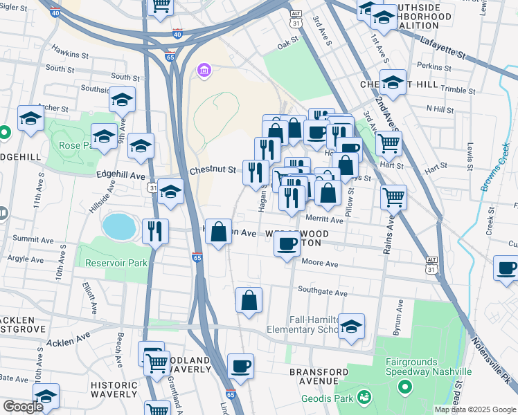 map of restaurants, bars, coffee shops, grocery stores, and more near 601 Hagan Street in Nashville