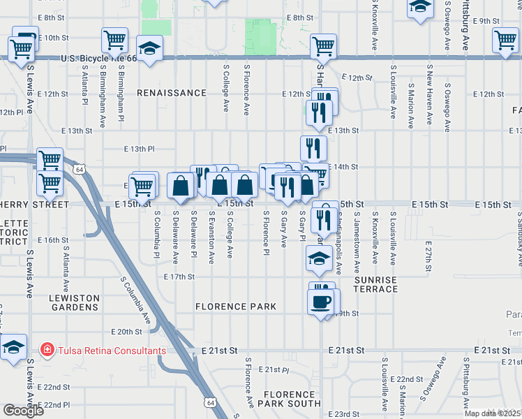 map of restaurants, bars, coffee shops, grocery stores, and more near 1531 South Florence Avenue in Tulsa