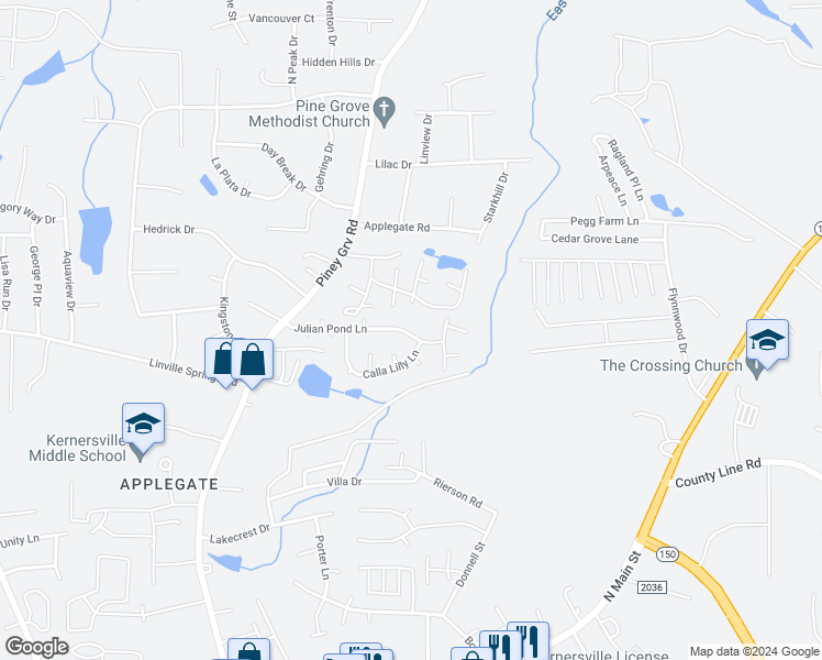 map of restaurants, bars, coffee shops, grocery stores, and more near 235 Julian Pond Lane in Kernersville