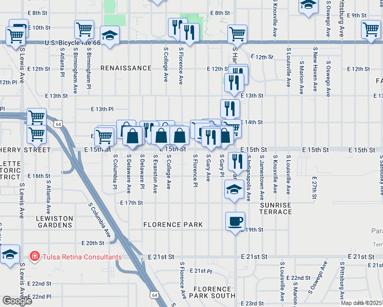 map of restaurants, bars, coffee shops, grocery stores, and more near 1506 South Florence Place in Tulsa