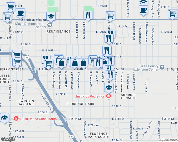 map of restaurants, bars, coffee shops, grocery stores, and more near 1506 South Florence Place in Tulsa