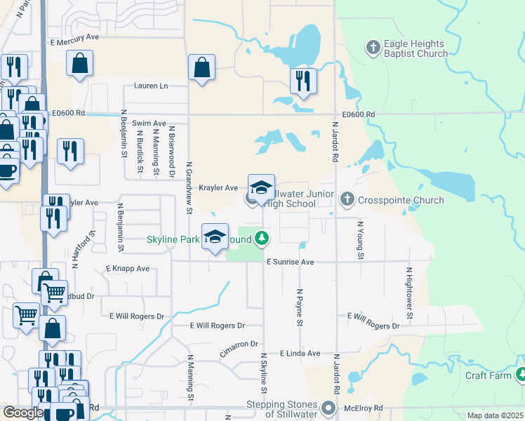 map of restaurants, bars, coffee shops, grocery stores, and more near 1900 North Skyline Street in Stillwater