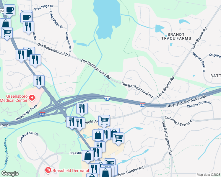 map of restaurants, bars, coffee shops, grocery stores, and more near 3003 Greystone Point in Greensboro