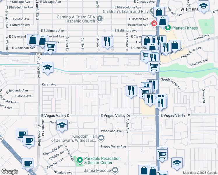 map of restaurants, bars, coffee shops, grocery stores, and more near 4670 Tracylynn Lane in Las Vegas