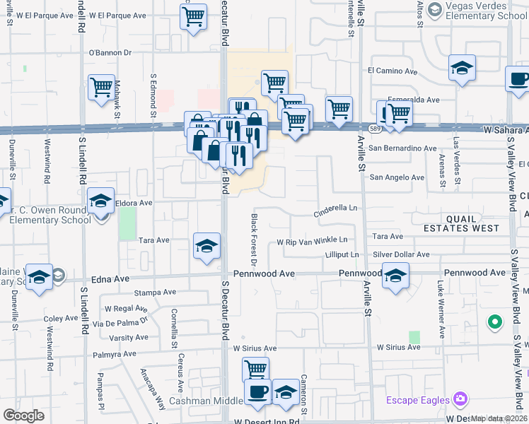 map of restaurants, bars, coffee shops, grocery stores, and more near 2674 South Decatur Boulevard in Las Vegas