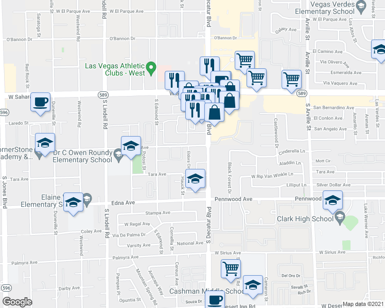 map of restaurants, bars, coffee shops, grocery stores, and more near 250 Eldora Avenue in Las Vegas