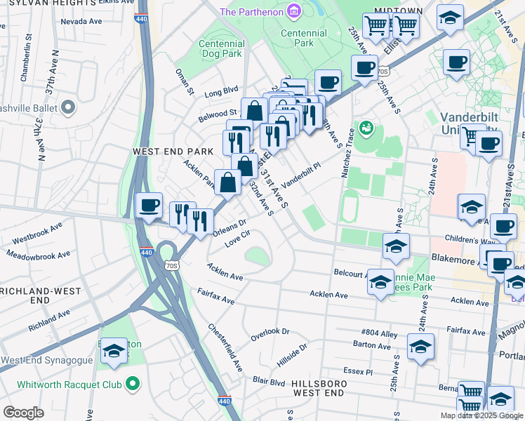 map of restaurants, bars, coffee shops, grocery stores, and more near in Nashville