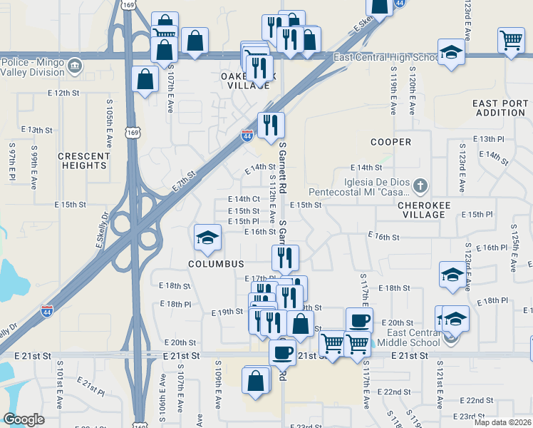 map of restaurants, bars, coffee shops, grocery stores, and more near 1443 South 112th East Avenue in Tulsa