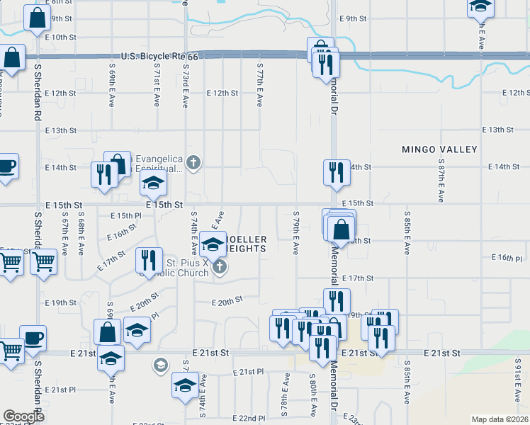 map of restaurants, bars, coffee shops, grocery stores, and more near 7701 East 15th Street in Tulsa
