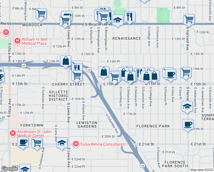 map of restaurants, bars, coffee shops, grocery stores, and more near 2639 East 15th Street in Tulsa