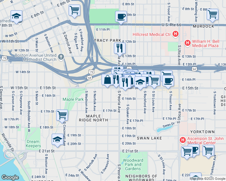 map of restaurants, bars, coffee shops, grocery stores, and more near in Tulsa