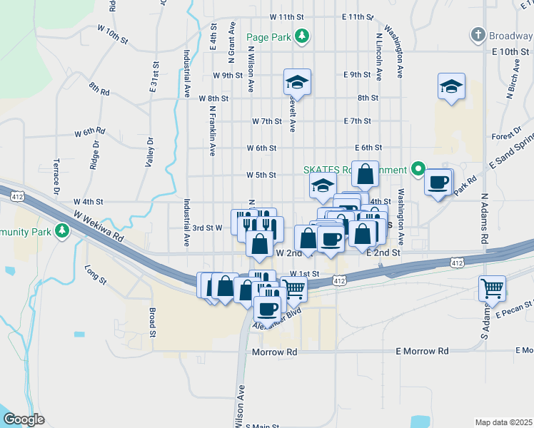 map of restaurants, bars, coffee shops, grocery stores, and more near 401 North Cleveland Avenue in Sand Springs