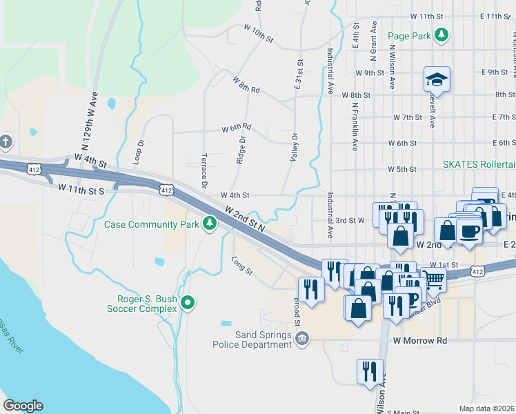 map of restaurants, bars, coffee shops, grocery stores, and more near 911 West 4th Street in Sand Springs