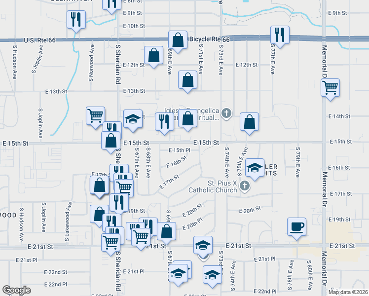 map of restaurants, bars, coffee shops, grocery stores, and more near 6951 East 15th Place in Tulsa