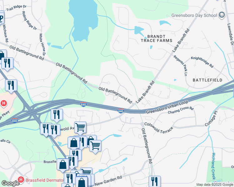 map of restaurants, bars, coffee shops, grocery stores, and more near 2803 Treestead Circle in Greensboro