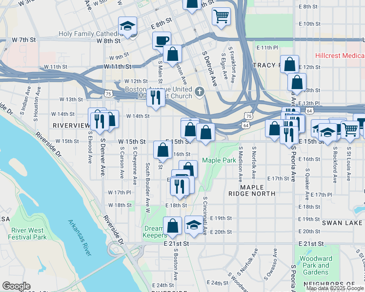 map of restaurants, bars, coffee shops, grocery stores, and more near 1516 South Boston Avenue in Tulsa