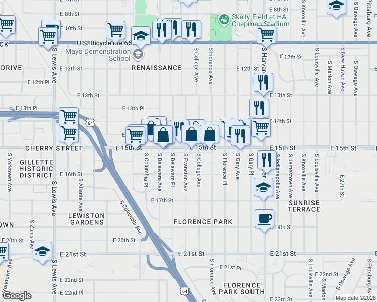 map of restaurants, bars, coffee shops, grocery stores, and more near 1438 South Evanston Avenue in Tulsa