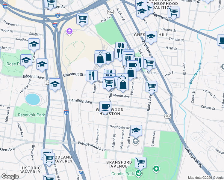 map of restaurants, bars, coffee shops, grocery stores, and more near in Nashville