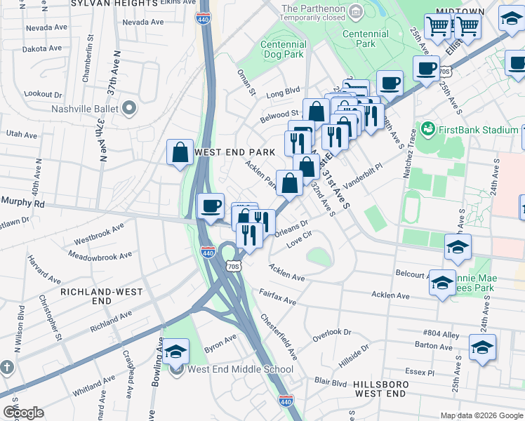 map of restaurants, bars, coffee shops, grocery stores, and more near 3310 West End Avenue in Nashville
