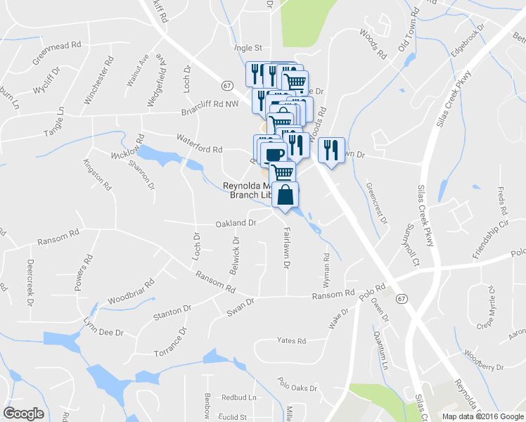 map of restaurants, bars, coffee shops, grocery stores, and more near 2702 Fairlawn Drive in Winston-Salem