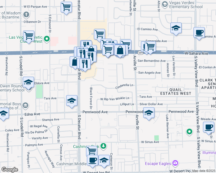 map of restaurants, bars, coffee shops, grocery stores, and more near 4620 Cinderella Lane in Las Vegas