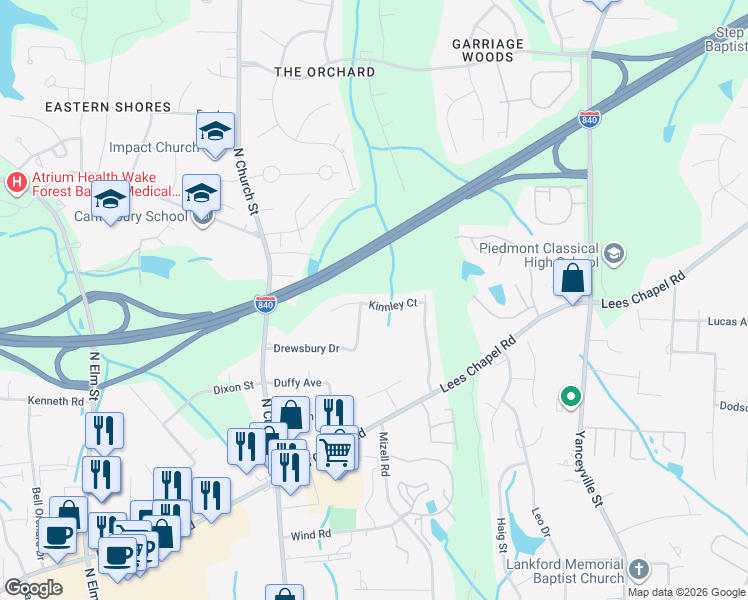 map of restaurants, bars, coffee shops, grocery stores, and more near 117 Kinnley Court in Greensboro