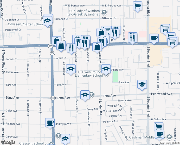 map of restaurants, bars, coffee shops, grocery stores, and more near 5613 Eldora Avenue in Las Vegas